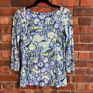 Lily Pulitzer womens marlowe 3/4 sleeve blouse indigo blue sunset S